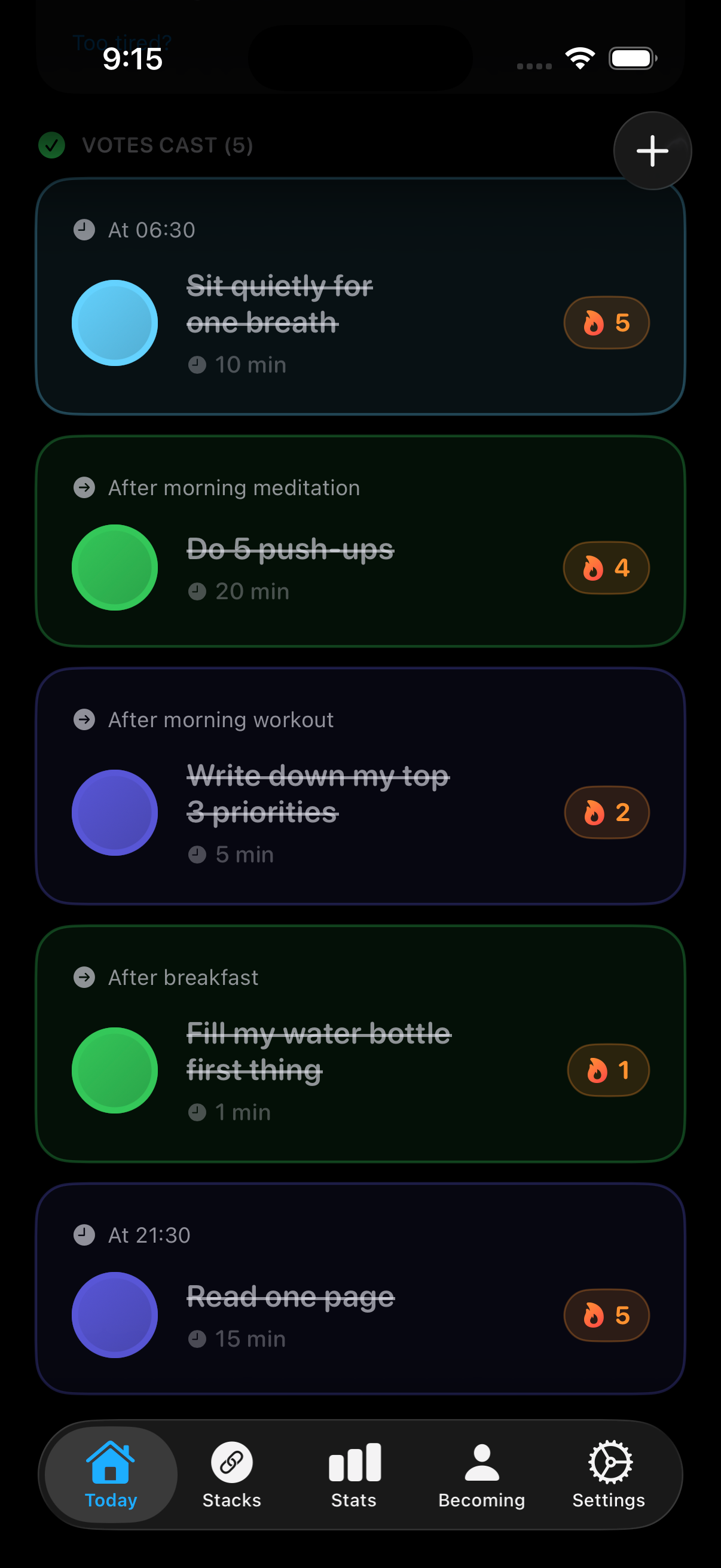 Become atomic habits app – today view with all daily votes cast